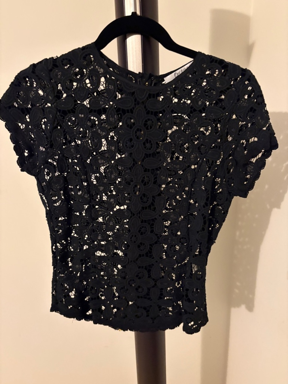 Black Lace Crochet Short Sleeve Top - Women's